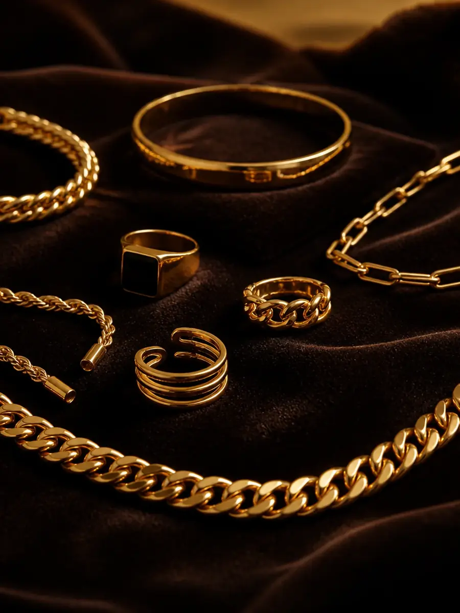 Correntes, anéis, bracelete e pulseiras de ouro amarelo sobre veludo marrom, peças do tipo que avaliamos em Copacabana
